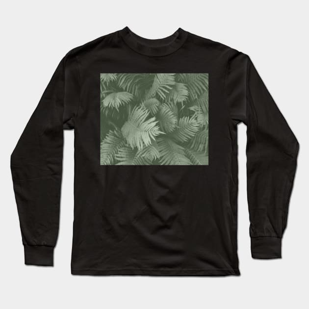 Green Dark Forest at Night, Fern Garden Plants Long Sleeve T-Shirt by DMRStudio